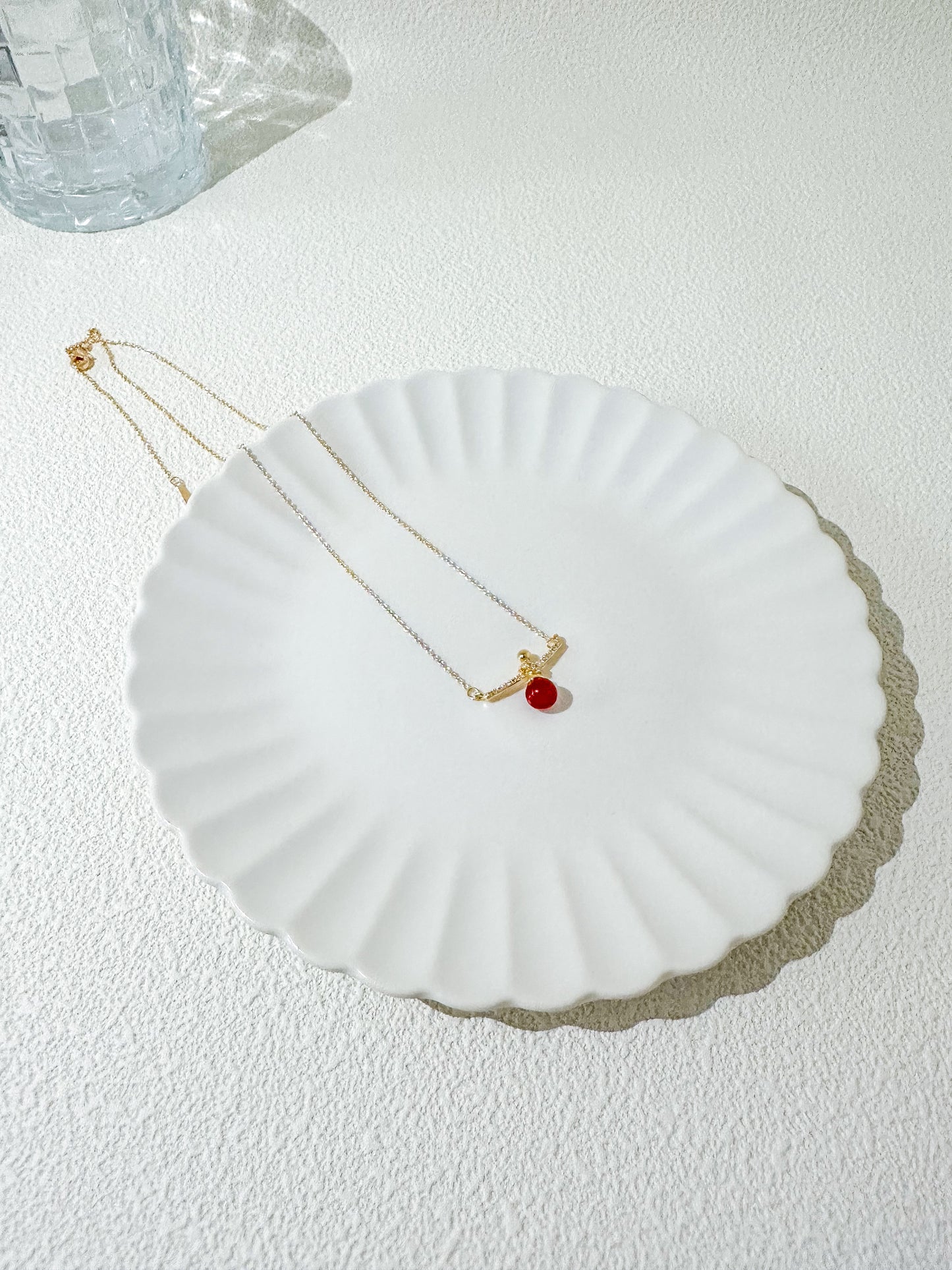 Red Crystal Ball Pendant in Yellow Gold Necklace