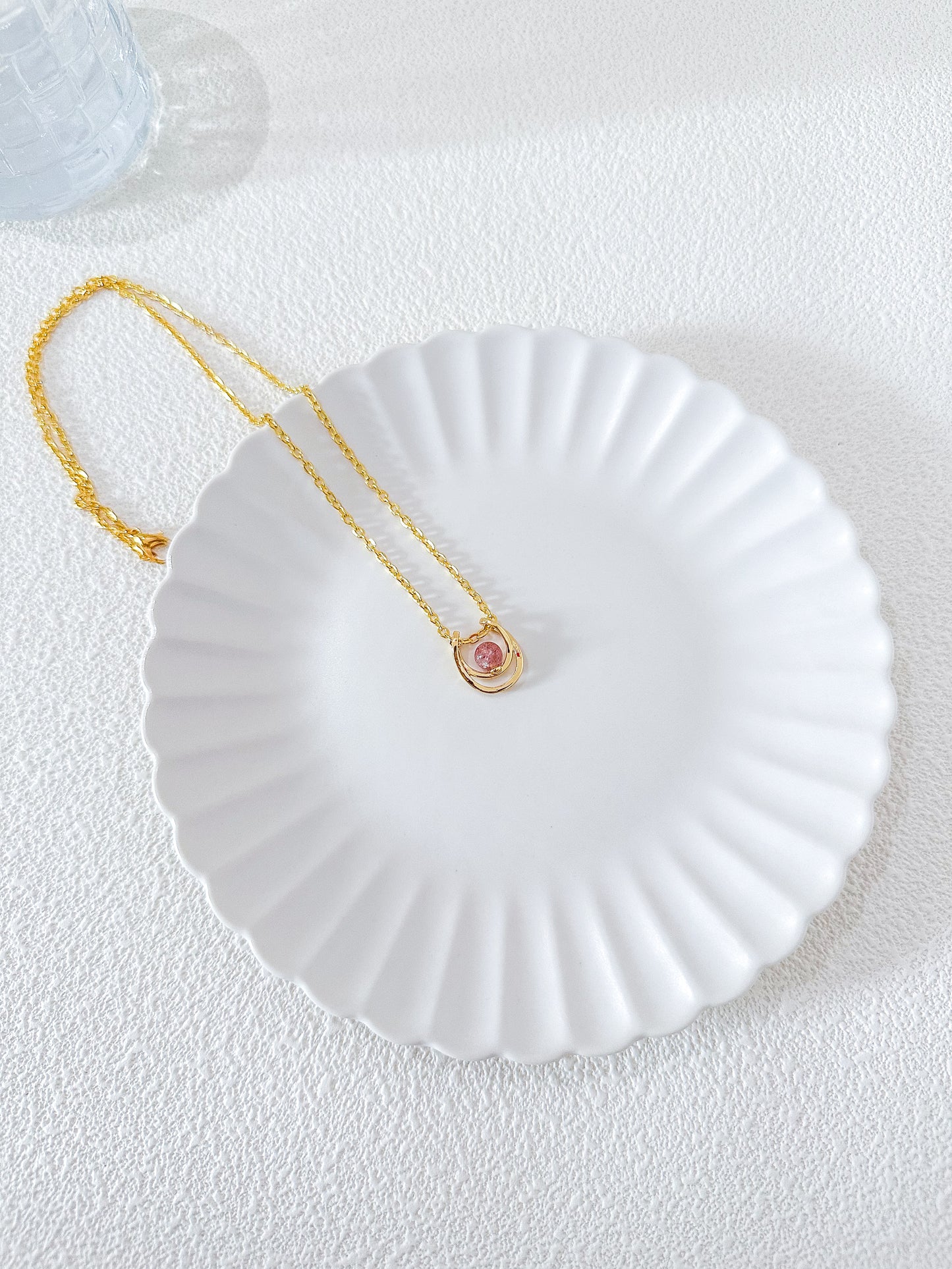 Strawberry Quartz Crystal Ball Pendant in Yellow Gold Necklace