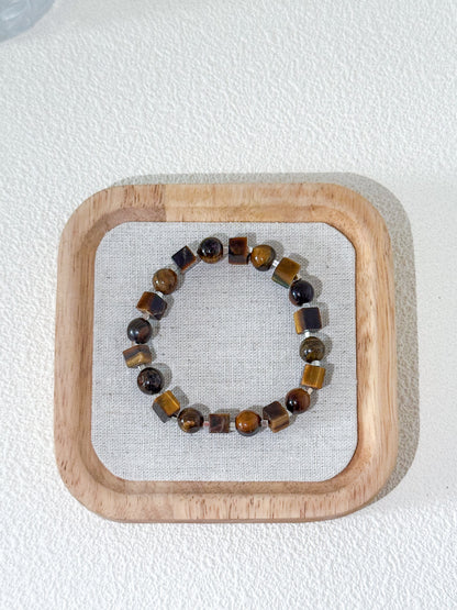 Tiger's Eye Round and Square Bead Gemstone Bracelet