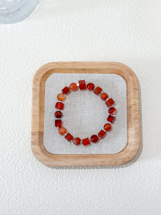 Red Agate Round and Square Bead Gemstone Bracelet