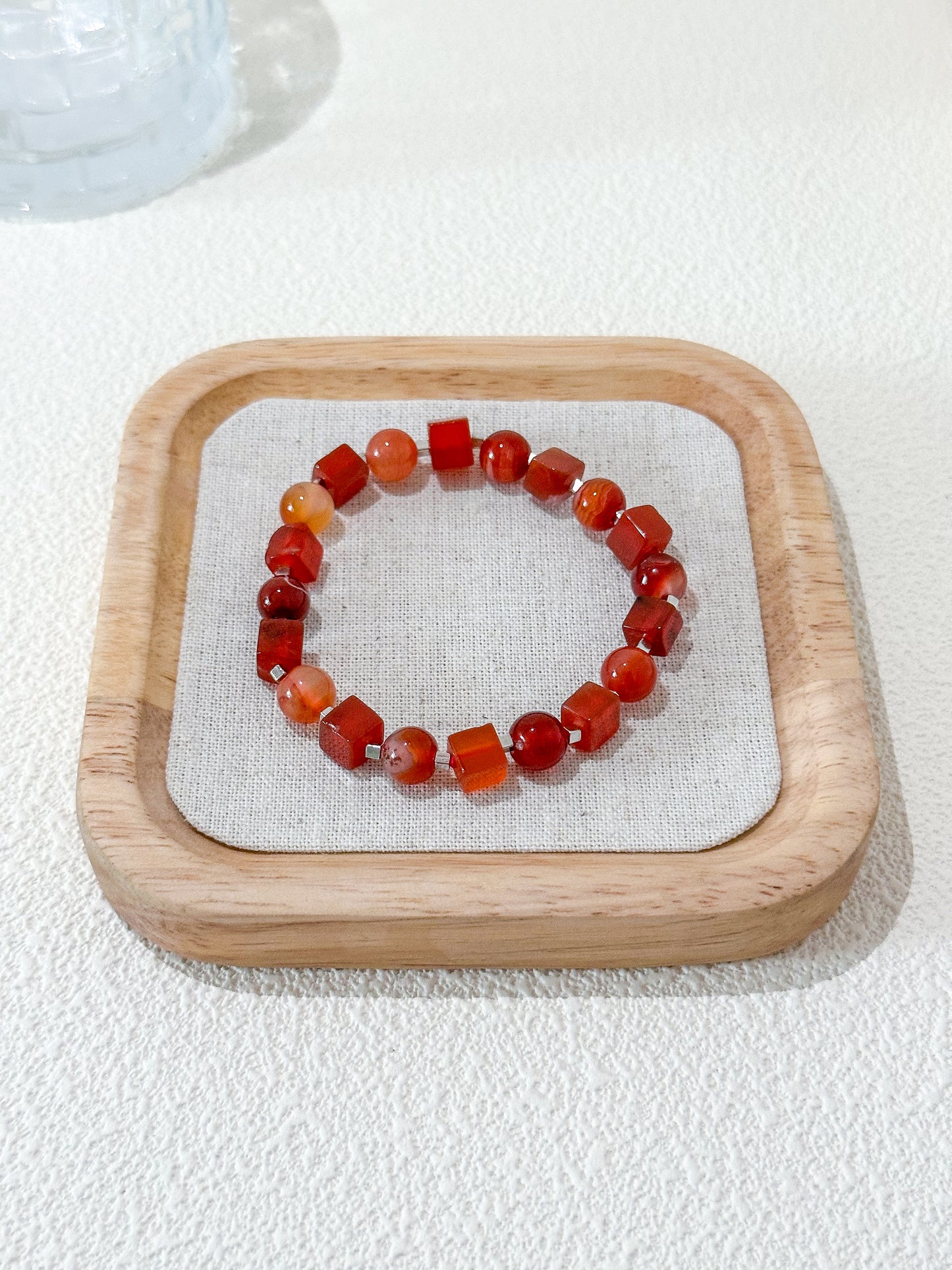 Red Agate Round and Square Bead Gemstone Bracelet