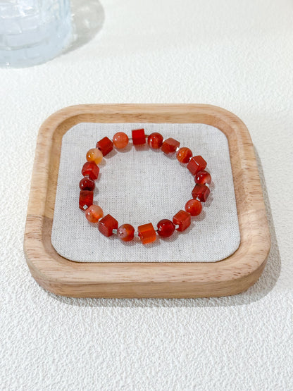 Red Agate Round and Square Bead Gemstone Bracelet