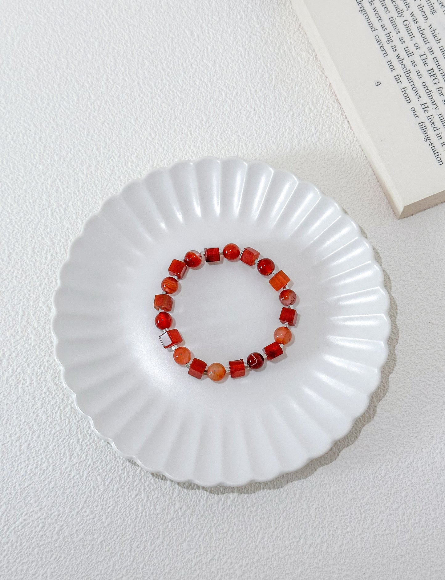 Red Agate Round and Square Bead Gemstone Bracelet