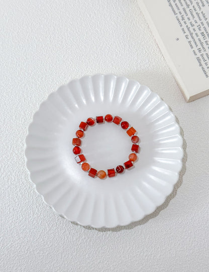 Red Agate Round and Square Bead Gemstone Bracelet