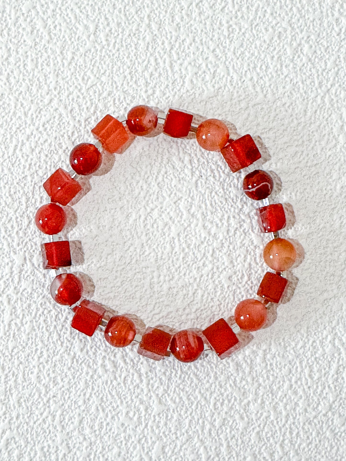 Red Agate Round and Square Bead Gemstone Bracelet