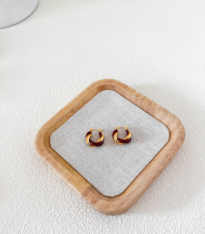 Red and Gold Vintage Twisted Huggie Hoop Earrings