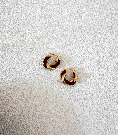 Red and Gold Vintage Twisted Huggie Hoop Earrings