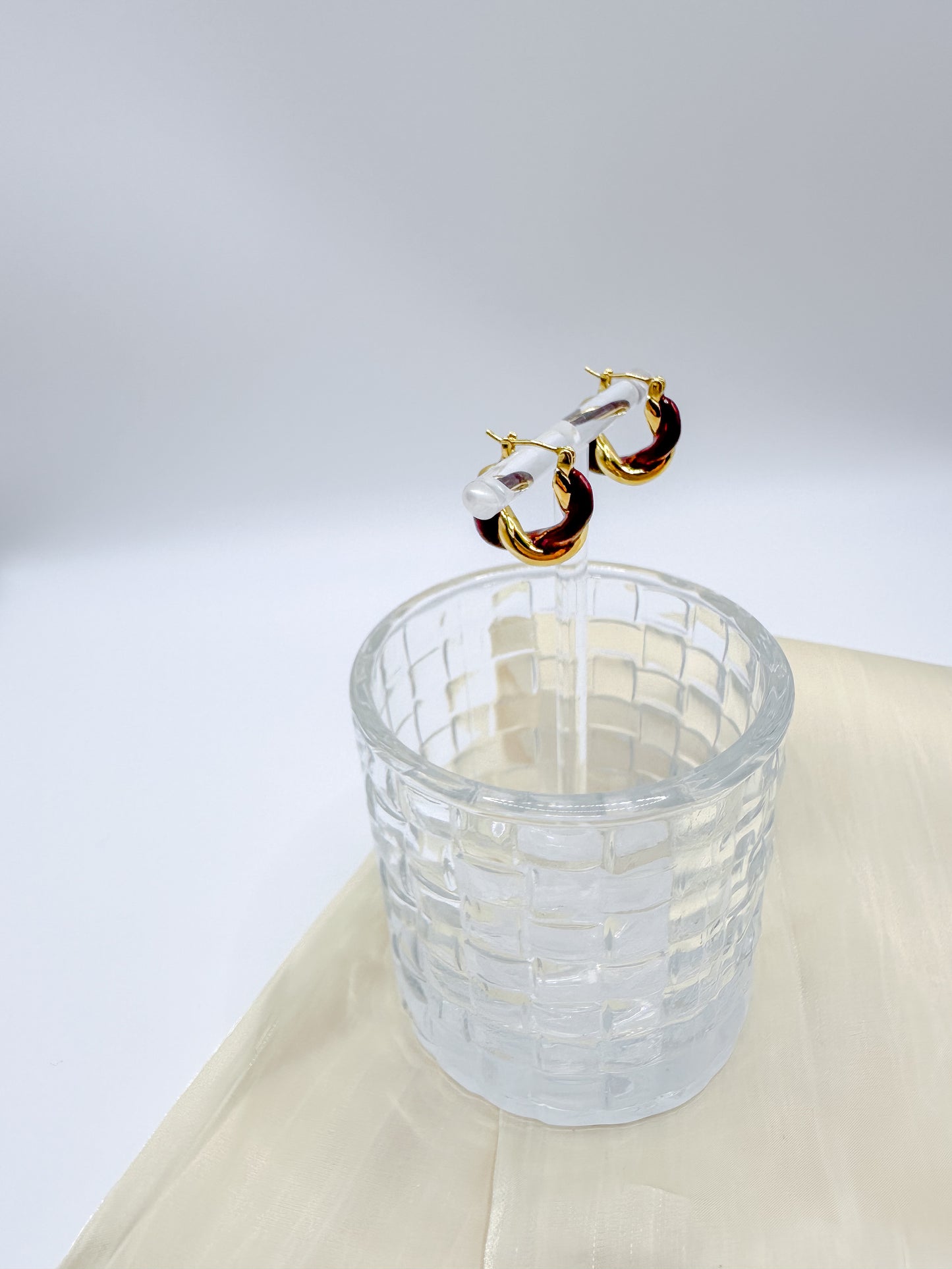 Red and Gold Vintage Twisted Huggie Hoop Earrings