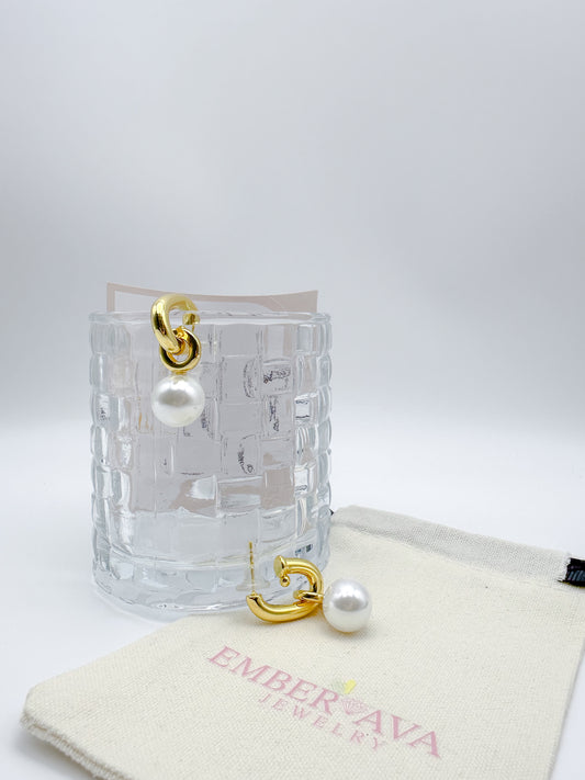 Acrylic Pearl Bead Drop Hoop Earrings Gold