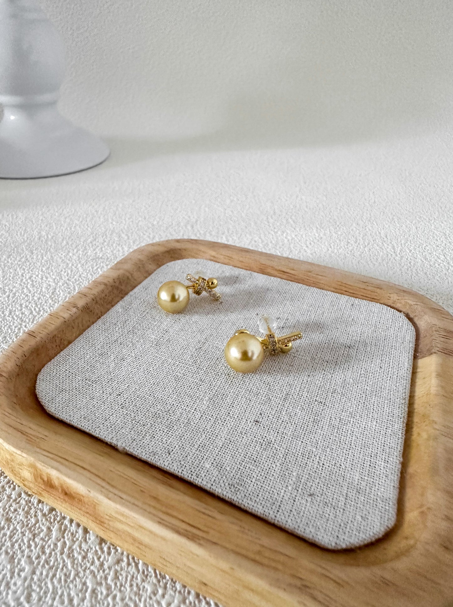 Ribbon Bow Crystal Pearl Stud Earrings 18K Gold-Plated