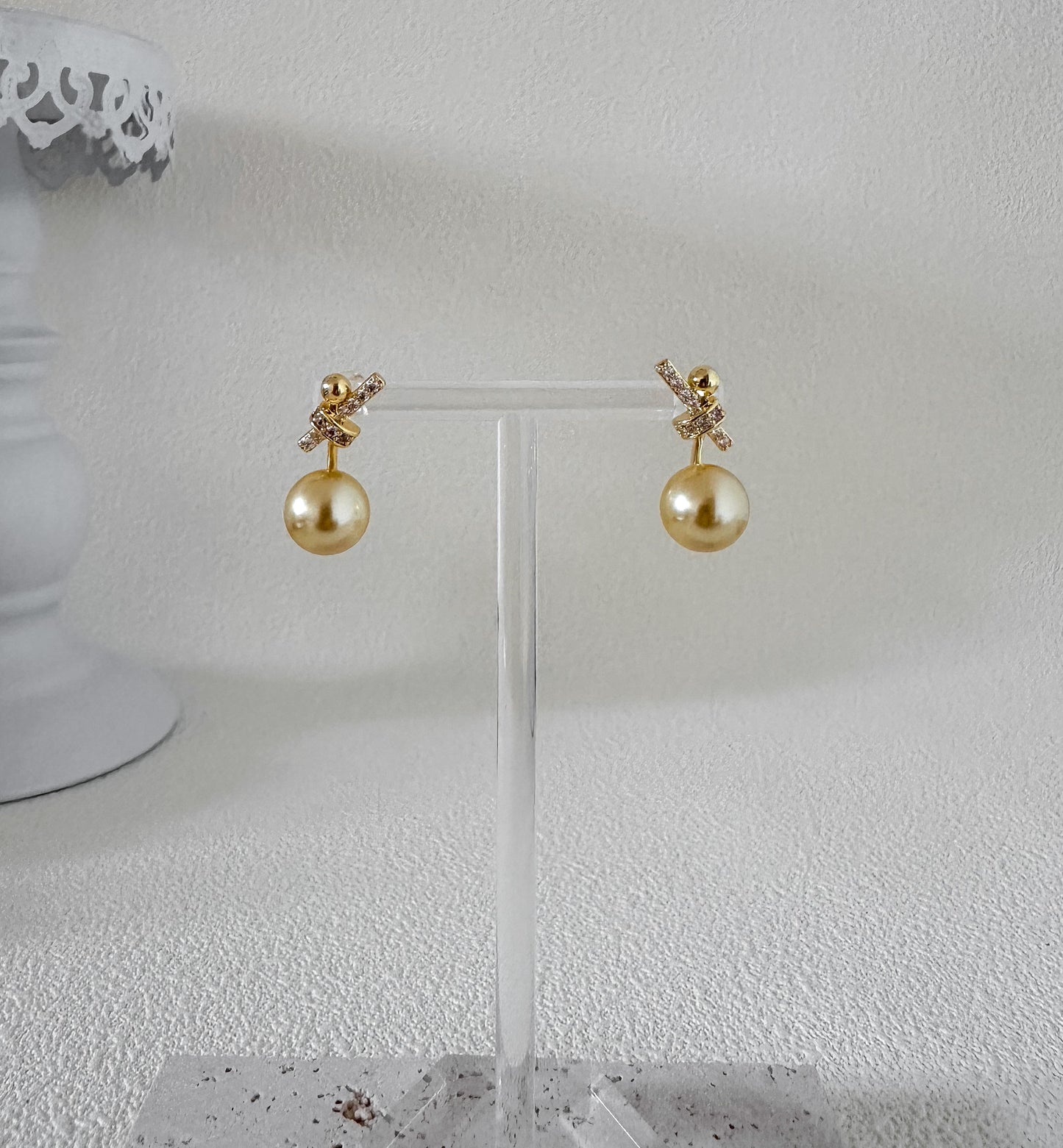 Ribbon Bow Crystal Pearl Stud Earrings 18K Gold-Plated