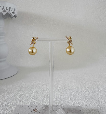 Ribbon Bow Crystal Pearl Stud Earrings 18K Gold-Plated