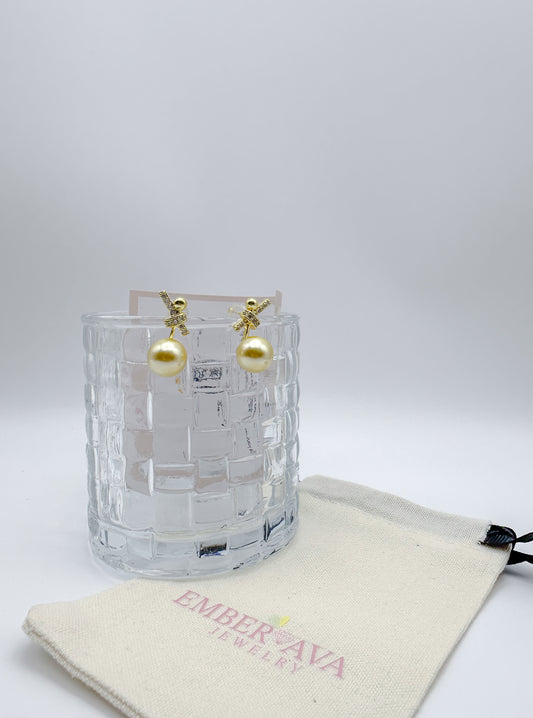 Ribbon Bow Crystal Pearl Stud Earrings 18K Gold-Plated
