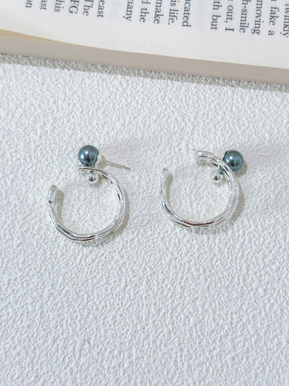 Silver Round Blue Crystal Pearl Earrings