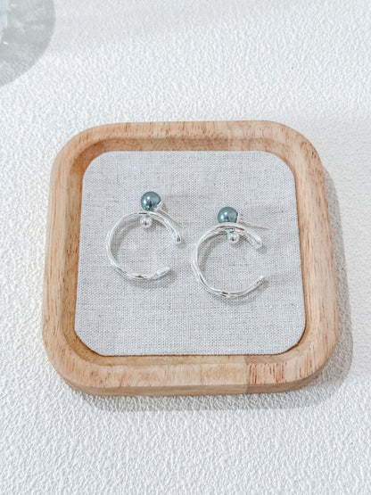 Silver Round Blue Crystal Pearl Earrings