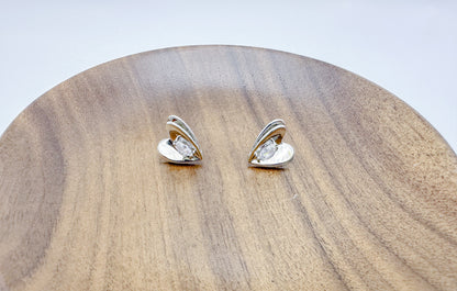 Folded Heart-Shaped Stud Earrings with Zircon Inlay