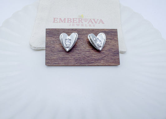 Folded Heart-Shaped Stud Earrings with Zircon Inlay