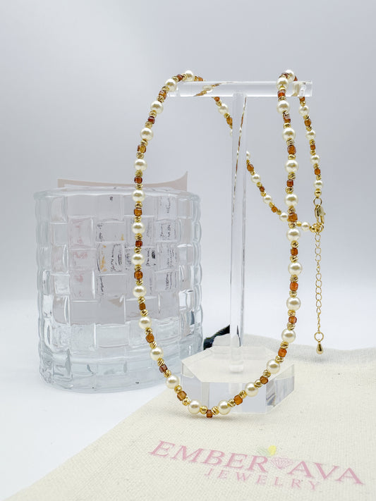 Vintage Gold Crystal Pearl and Spessartite Garnet Necklace