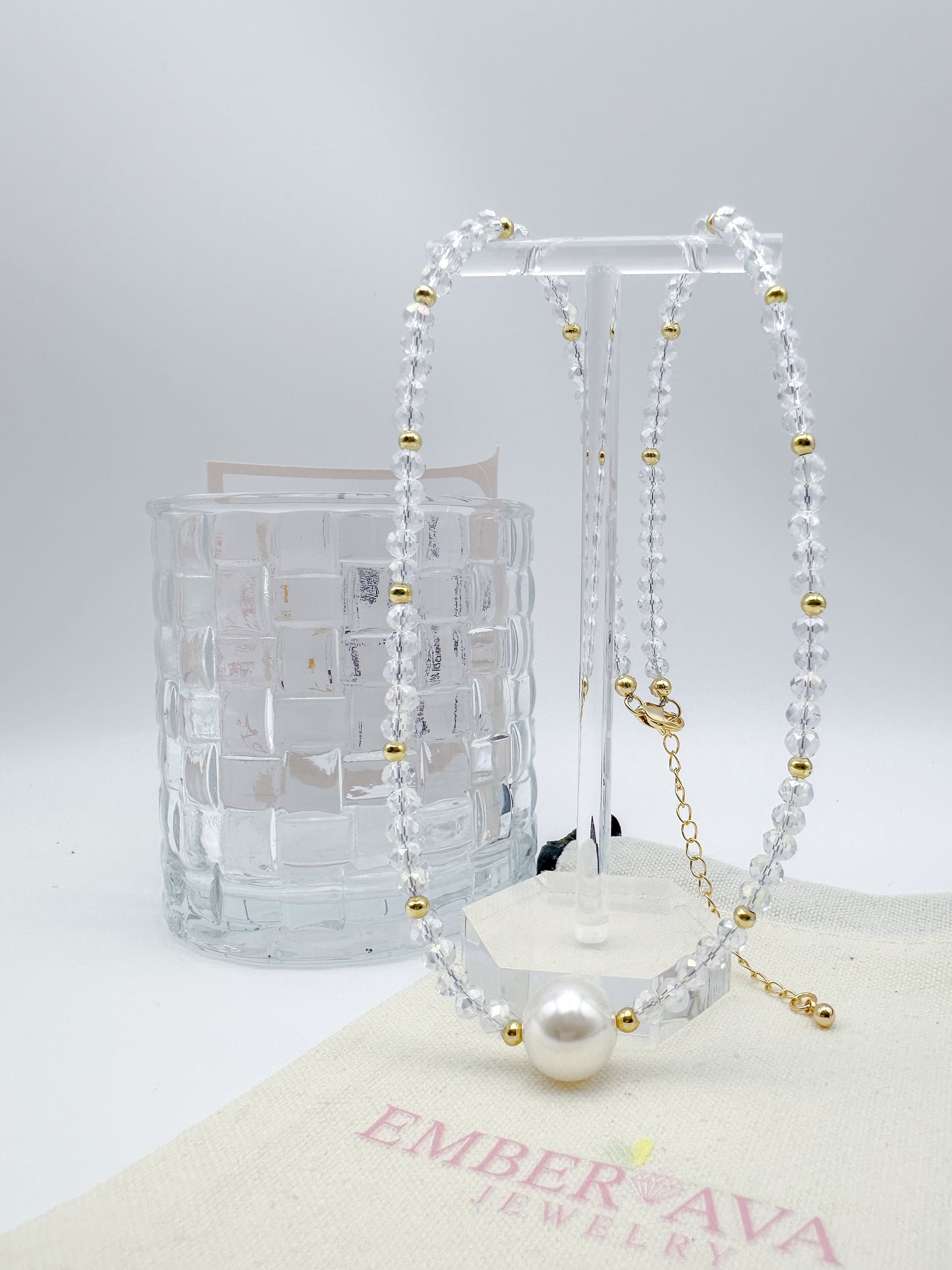 White Crystal Pearl and Clear Crystal Bead Necklace