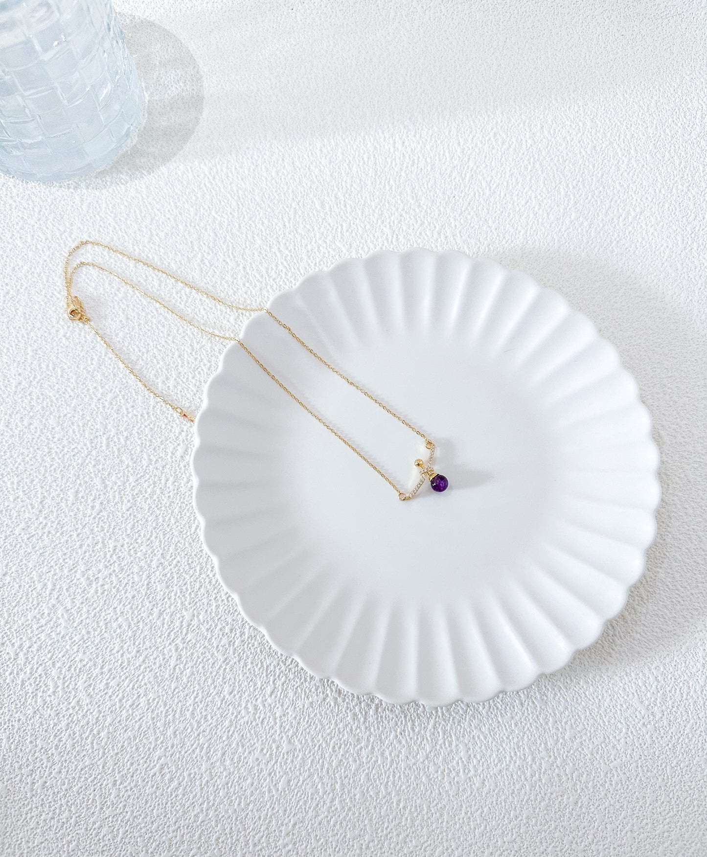 Purple Crystal Ball Pendant in Yellow Gold Necklace