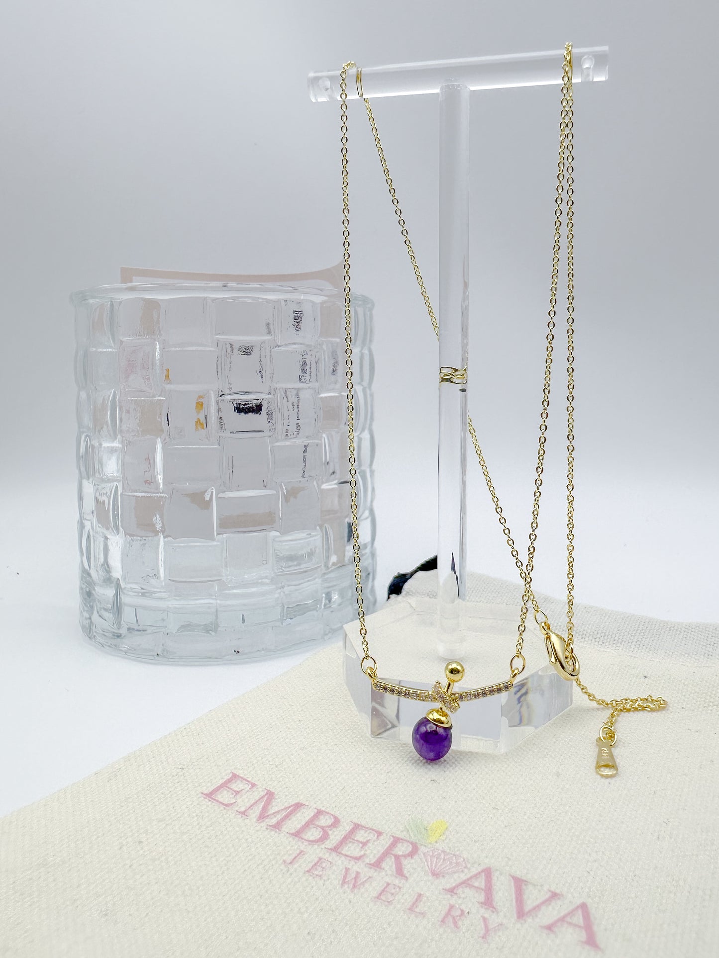 Purple Crystal Ball Pendant in Yellow Gold Necklace