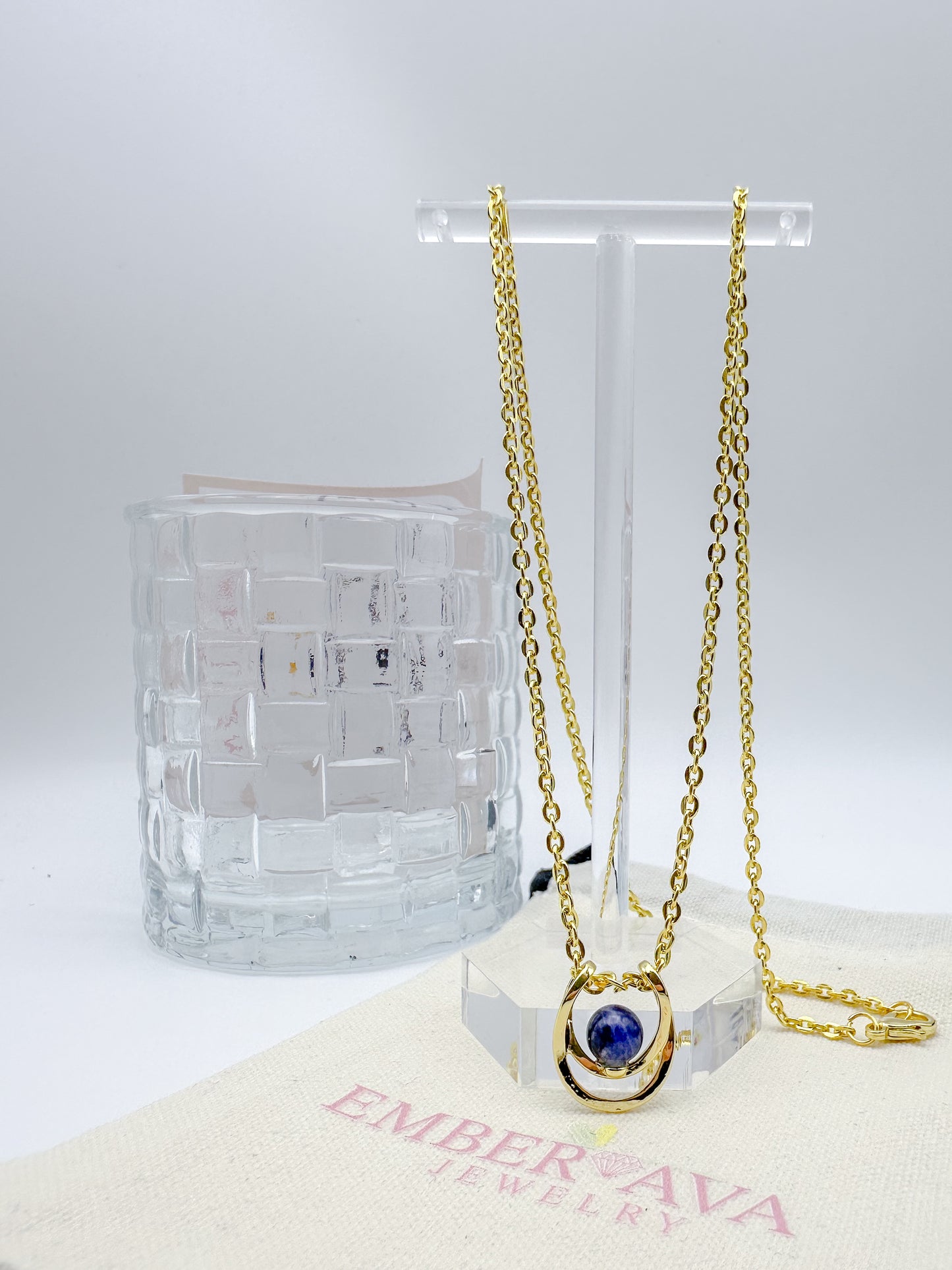 Blue Crystal Ball Pendant in Yellow Gold Necklace