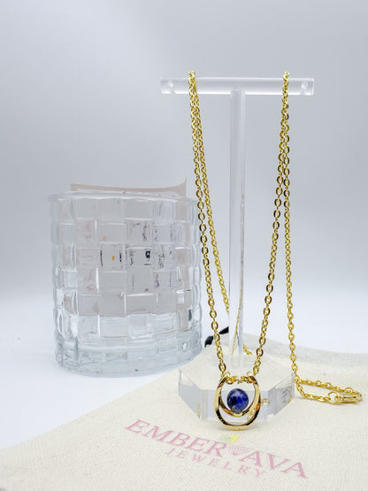 Blue Crystal Ball Pendant in Yellow Gold Necklace