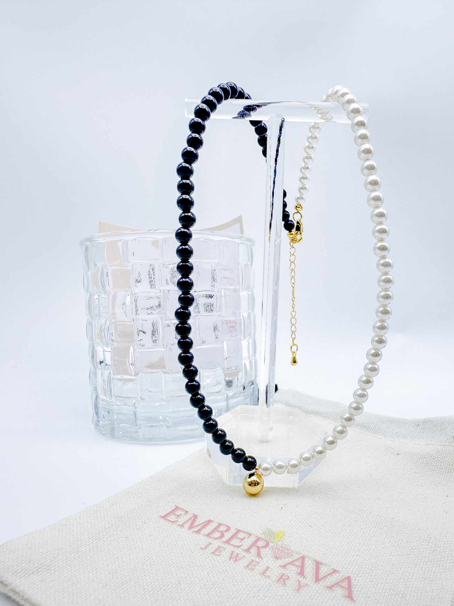 Luxury Minimalist Black and White Beaded Choker with Crystal Pearls