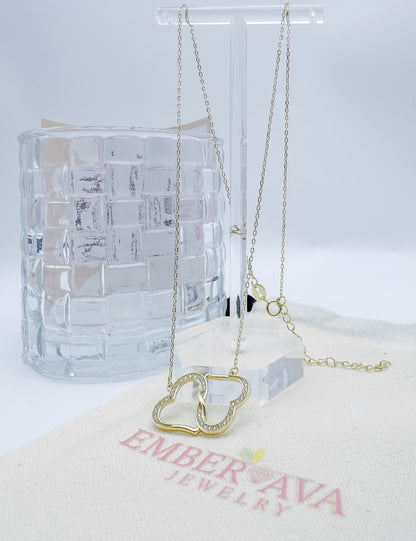 S925 Sterling Silver 14K Gold-Plated Intertwined Double Heart Zircon Necklace