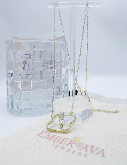 S925 Sterling Silver 14K Gold-Plated Intertwined Double Heart Zircon Necklace