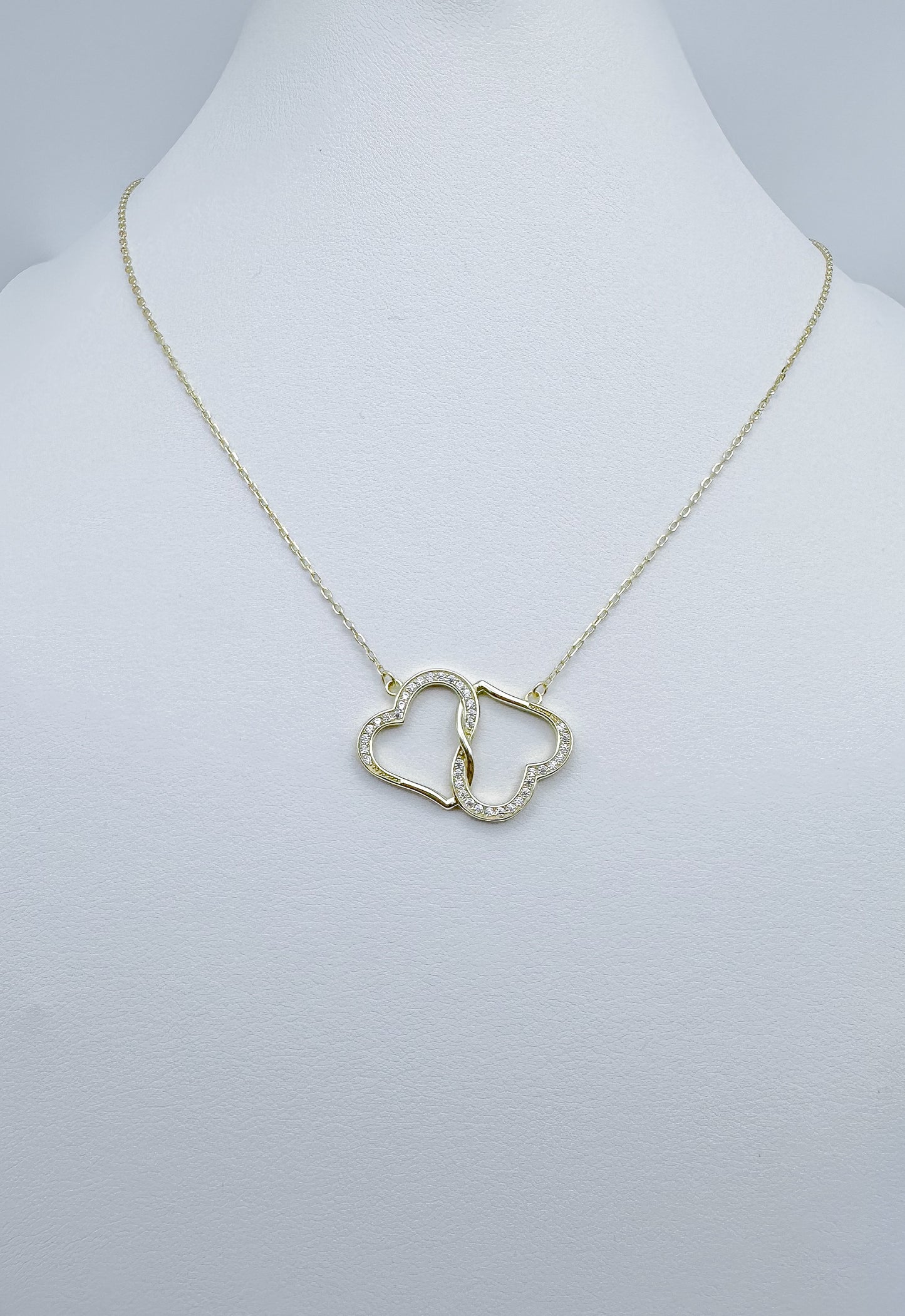S925 Sterling Silver 14K Gold-Plated Intertwined Double Heart Zircon Necklace