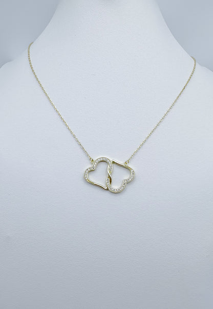 S925 Sterling Silver 14K Gold-Plated Intertwined Double Heart Zircon Necklace